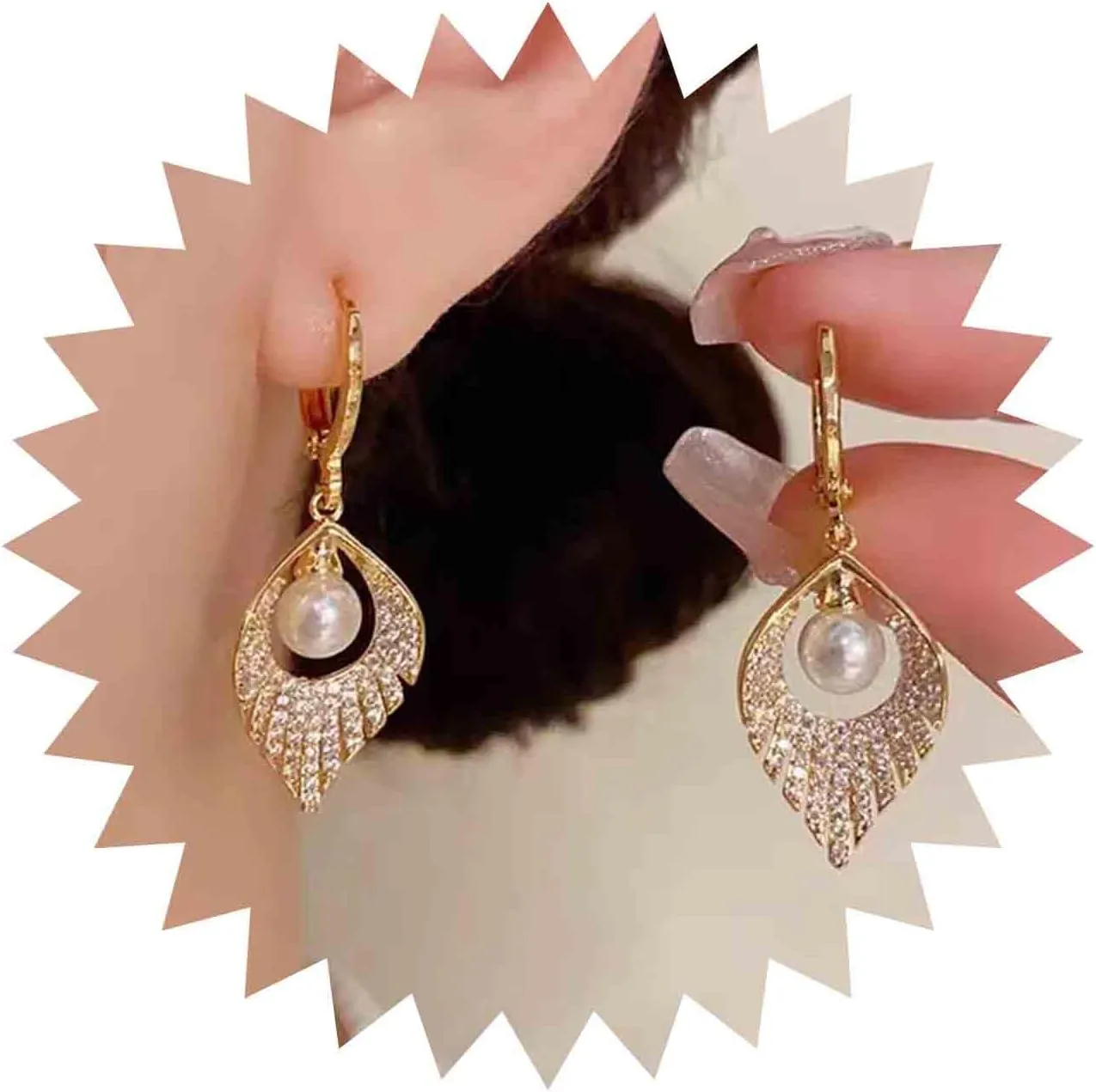 Vintage Crystal Leaf Pearl Earrings Cz Leaf Drop Earrings Gold Zircon Leaf Earrings Full Cz Paved Earrings Jewelry for Women