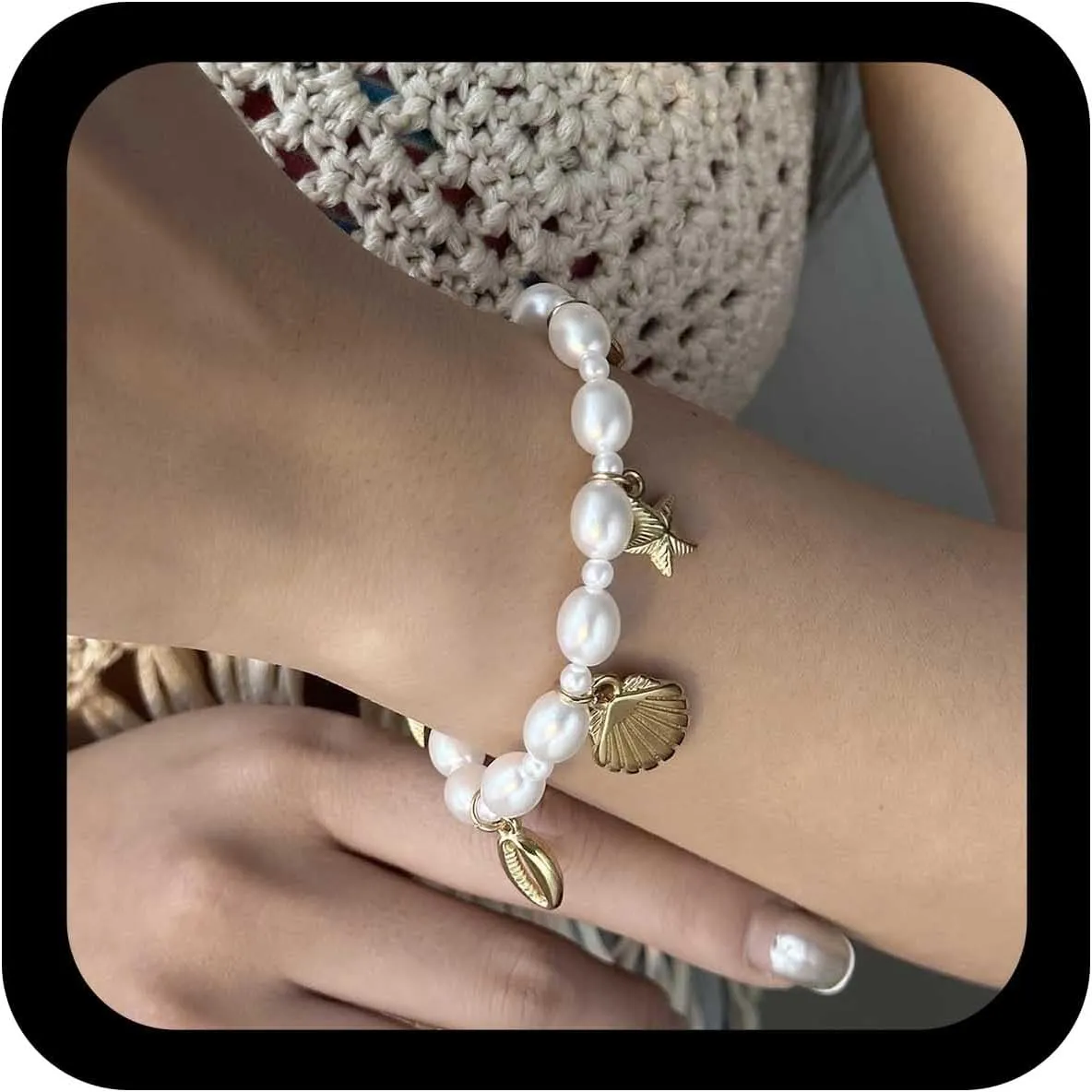 Vintage Oval Pearl Bracelet Scallop Shell Bracelets Gold Starfish Bracelet White Conch Chain Bracelets Adjustable Pearl Hand Chain Jewelry for Women