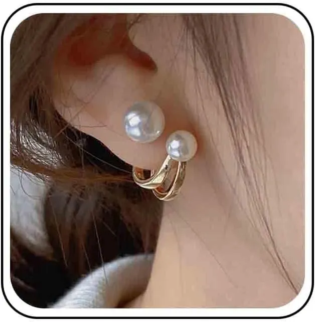 Vintage Pearl Ear Jacket Earrings Double Stud Claw Huggie Hoop Gold Front Back Earrings for Women