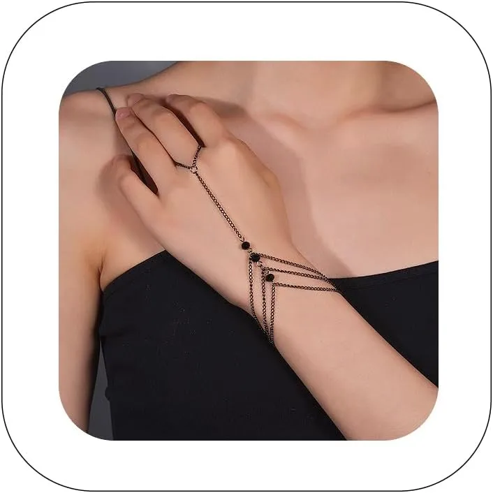Vintage Tassel Hand Chain Ring Bracelets Silver Bell leaves Finger Ring Bracelets Bohemian Crystal Link Chain Hand Jewelry Gifts for Women