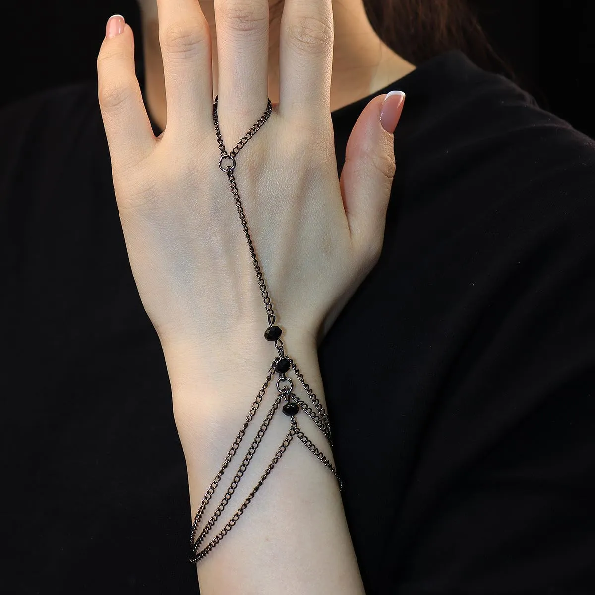 Vintage Tassel Hand Chain Ring Bracelets Silver Bell leaves Finger Ring Bracelets Bohemian Crystal Link Chain Hand Jewelry Gifts for Women