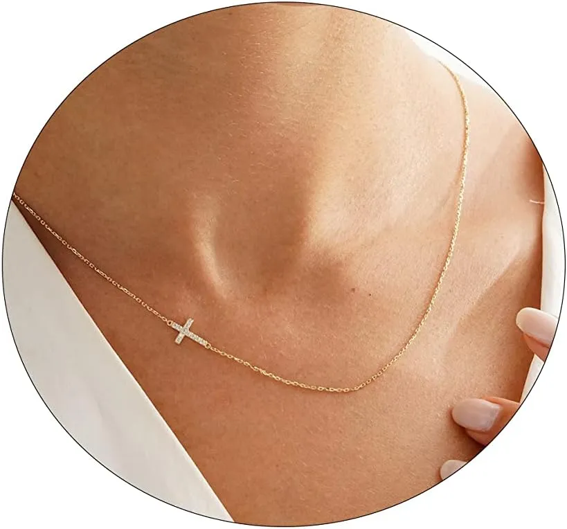 VIROMY Gold Cross Necklace for Women 14K Gold Plated Cute Sidways Cross Pendant Choker Necklaces Simple Trendy Everyday Jewelry for Women