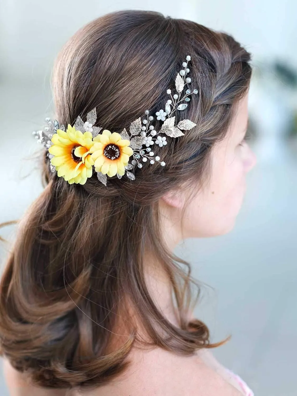 Wedding Hair Vine Accessory Sunflower Bride Headpiece Gold Flower Headband for Women and Girls (Silver)