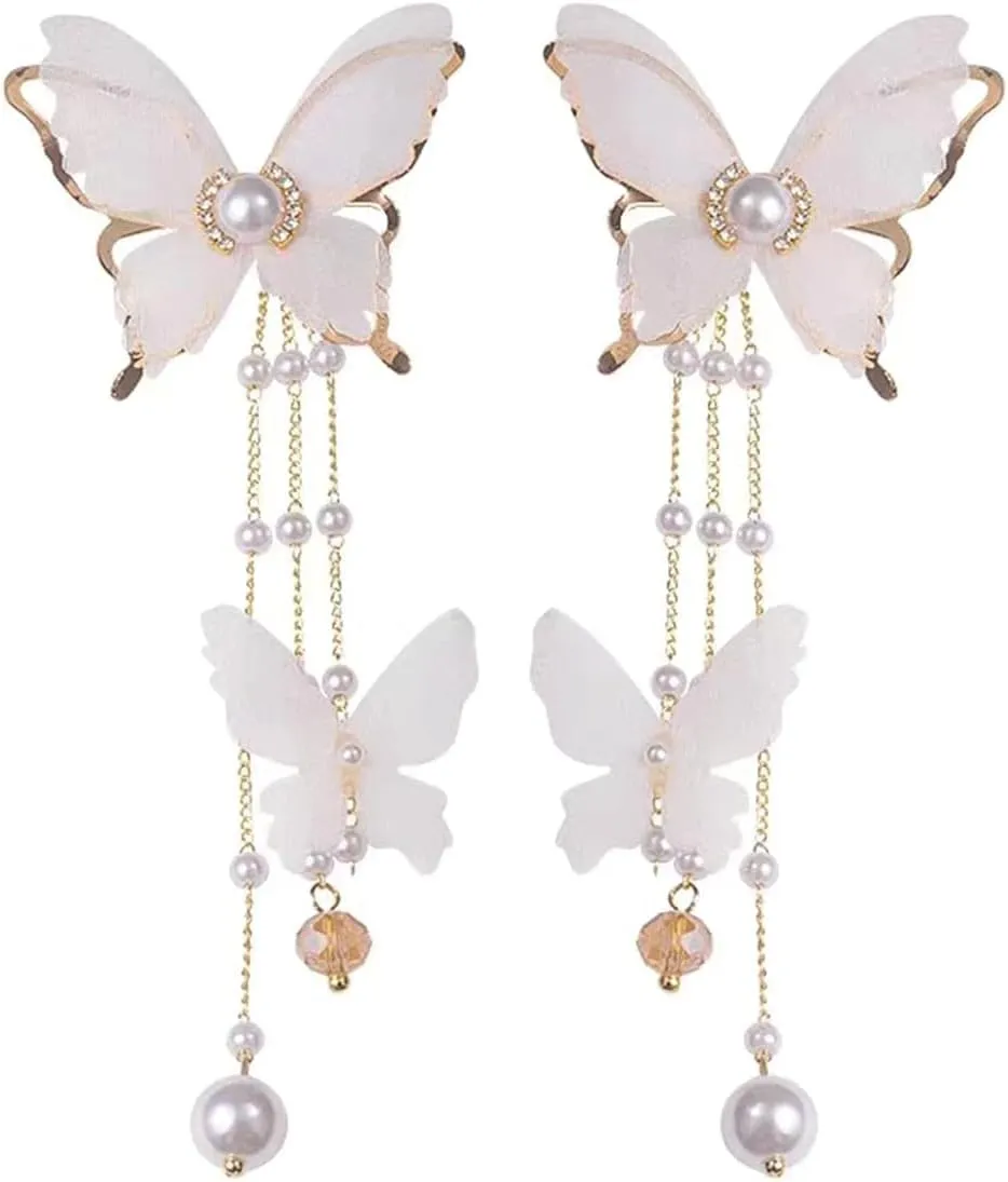 White Butterfly Dangle Earrings for Women Butterfly Tassel Earrings Pearl Butterfly Drop Earrings Wedding Prom Jewelry Gifts for Women