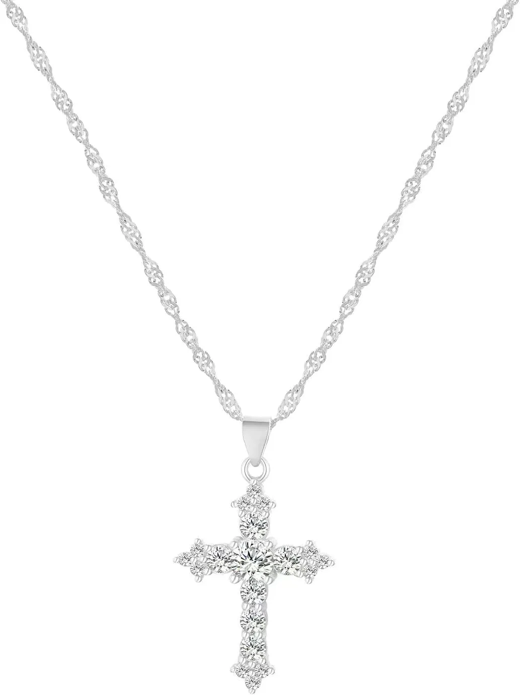 Wicary Cross Necklace for Women Gold Cross Necklaces for Women Sterling Silver Cubic Zirconia Pendant Necklace Religious Gifts for Birthday Anniversary