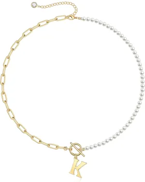 Yoosteel Pearl Initial Necklace for Women, Dainty Pearl Chain Choker Initial Necklaces for Women Toggle Clasp Paperclip Link Chain Gold Necklace Jewelry Gifts